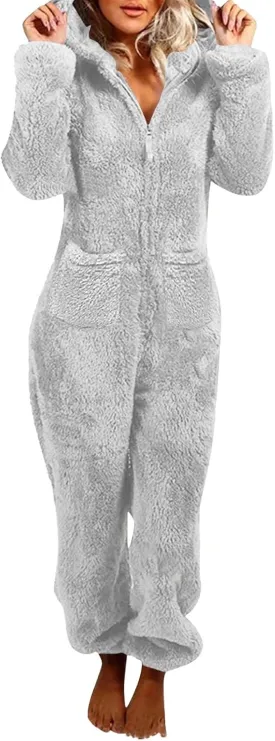 Womens Fleece Onesies Pajamas Jumpsuit Warm Sherpa Romper Sleepwear One Piece Zipper Hooded Playsuit Loungewear