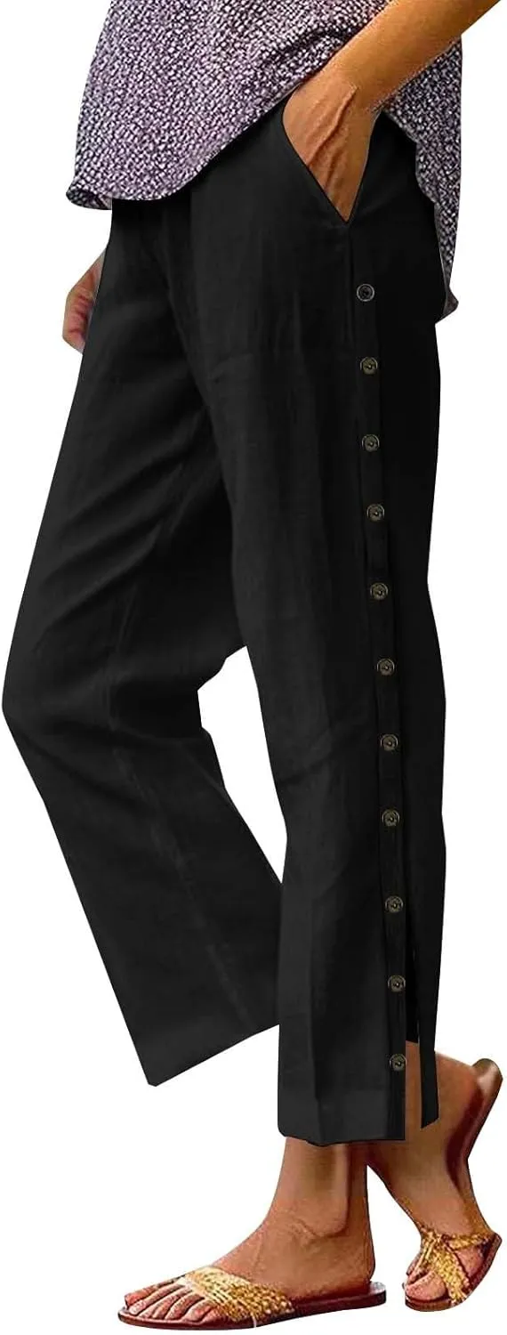 Womens Linen Work Pants 2025 High Waist Straight Leg Lounge Side-Button Pant Casual Lightweight Beach Trousers