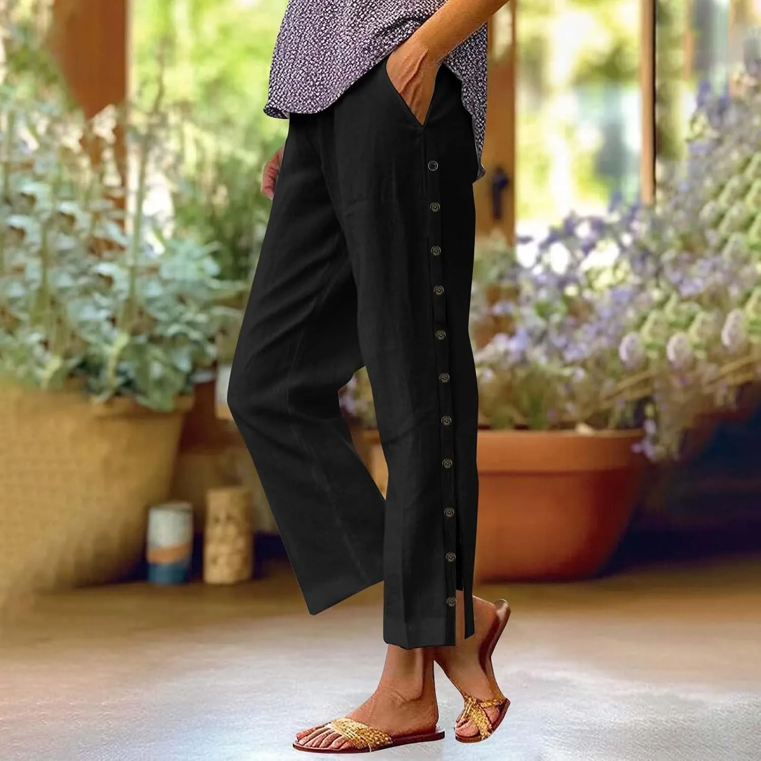 Womens Linen Work Pants 2025 High Waist Straight Leg Lounge Side-Button Pant Casual Lightweight Beach Trousers