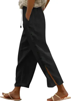 Womens Linen Work Pants 2025 High Waist Straight Leg Lounge Side-Button Pant Casual Lightweight Beach Trousers