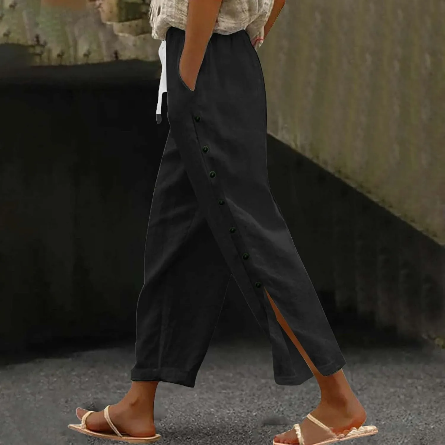Womens Linen Work Pants 2025 High Waist Straight Leg Lounge Side-Button Pant Casual Lightweight Beach Trousers
