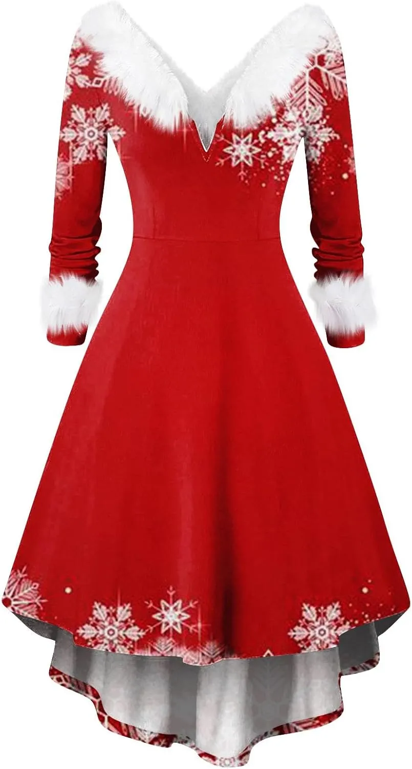 Womens Long Sleeve Dressy Dress Christmas Print V-Neck Party Plush Casual Holiday Furry Collar Snowflake Dresses