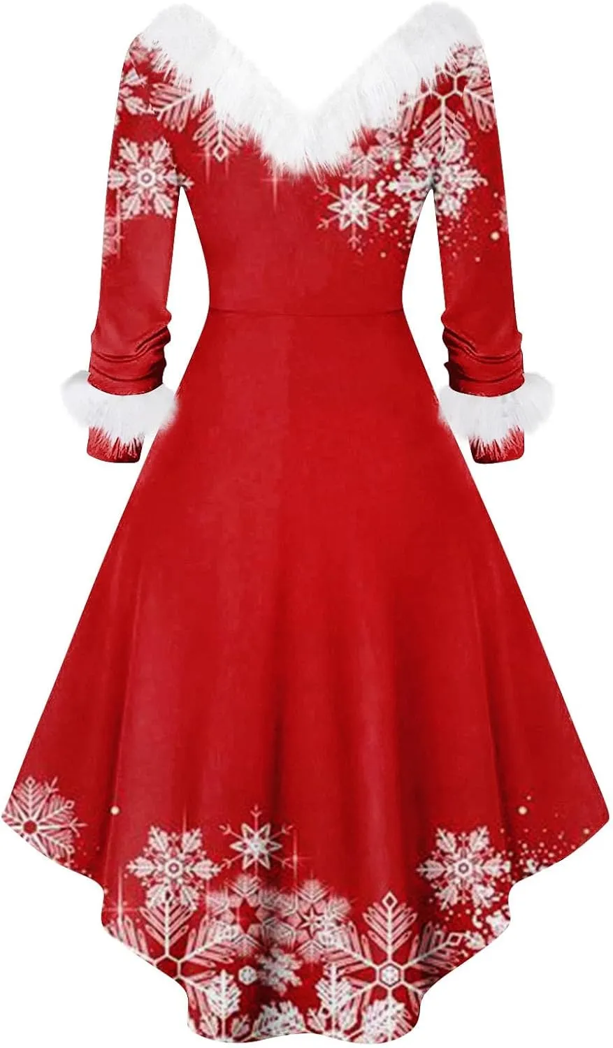 Womens Long Sleeve Dressy Dress Christmas Print V-Neck Party Plush Casual Holiday Furry Collar Snowflake Dresses