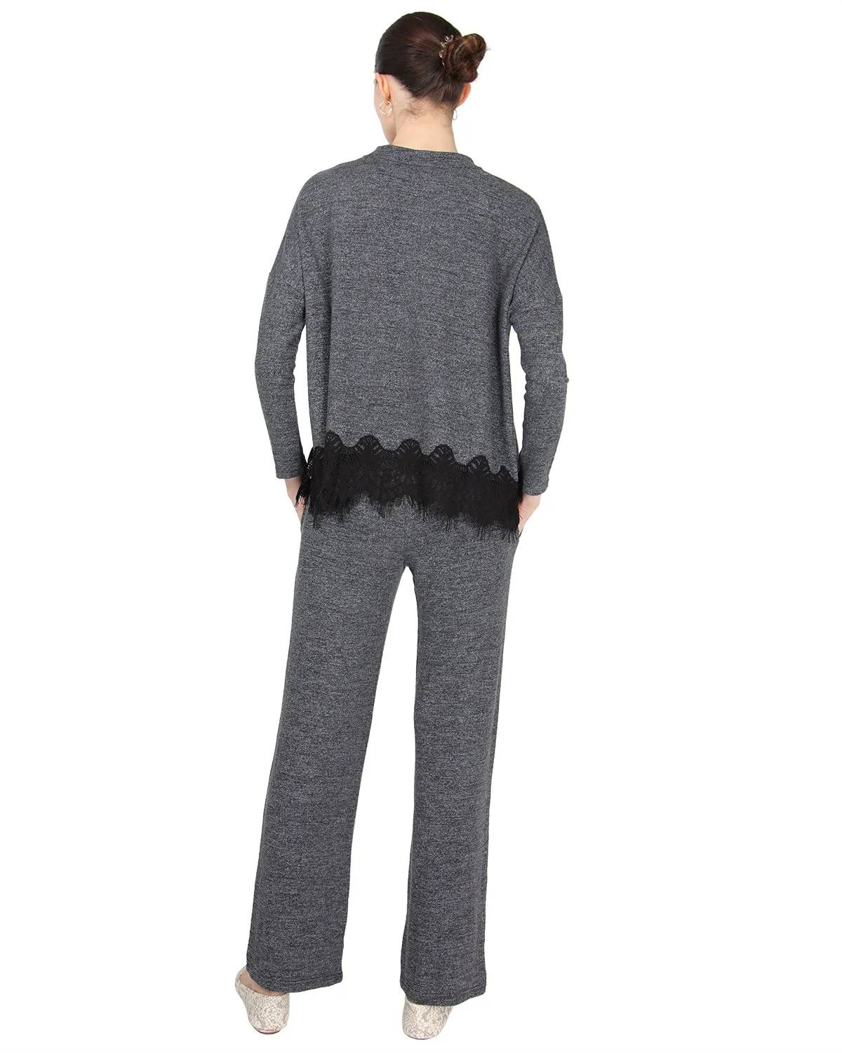 Women's Long Sleeve Lounge Set with Contrast Lace Hem