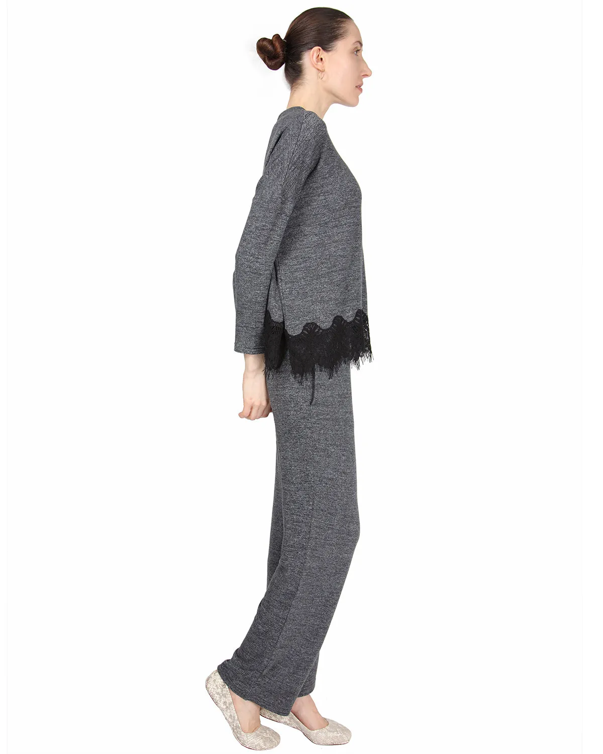Women's Long Sleeve Lounge Set with Contrast Lace Hem