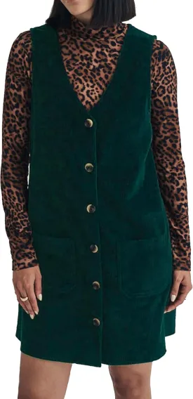 Women's Overall Dress V Neck Button Down Sleeveless Jumper Corduroy Mini Pinafore Dress with Pockets