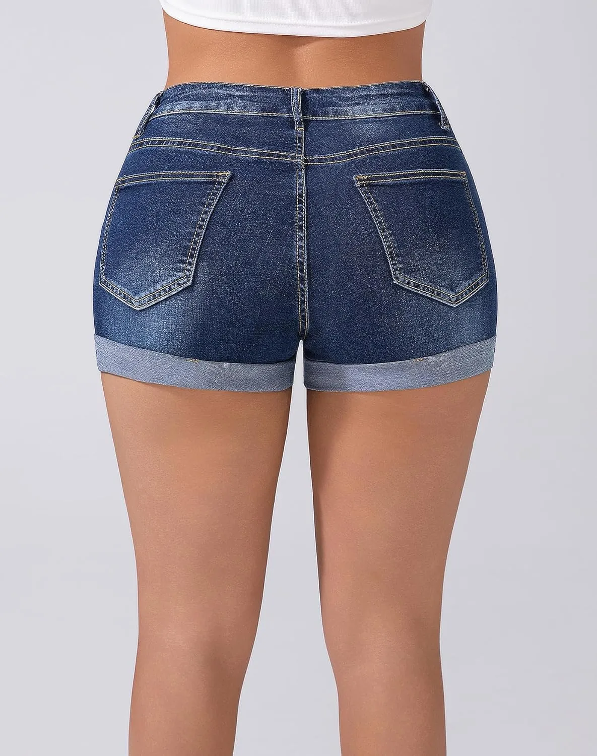 Women's Ripped Mid Rise Denim Shorts Stretchy Cuffed Hem Jeans Shorts