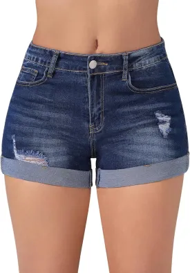 Women's Ripped Mid Rise Denim Shorts Stretchy Cuffed Hem Jeans Shorts