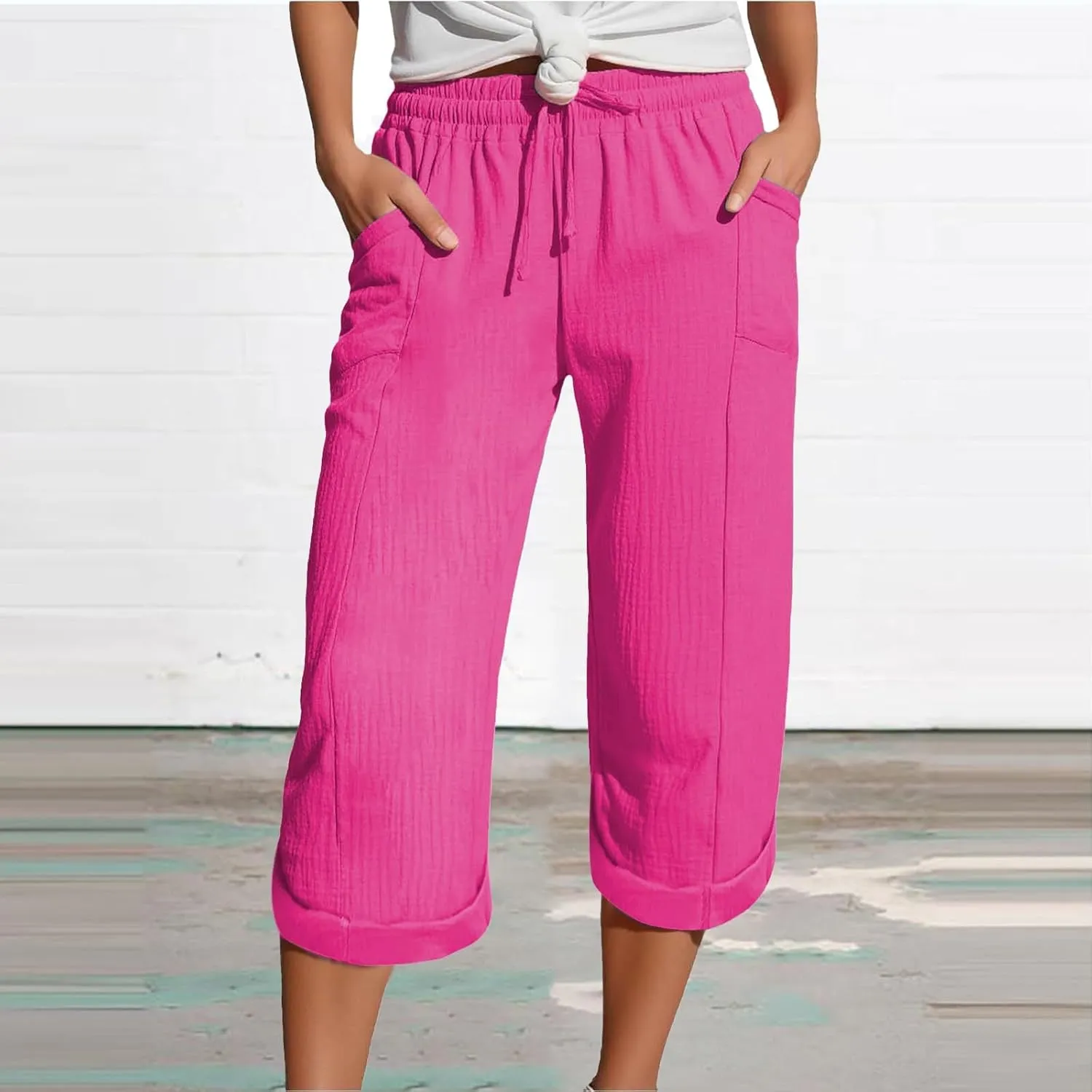 Womens Summer Capris Cotton Linen Sweat Pants Casual Loose Comfy Trendy Elastic Waist Cropped Trouser Beach Clothes