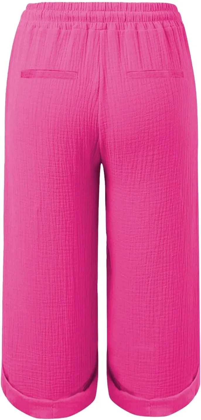 Womens Summer Capris Cotton Linen Sweat Pants Casual Loose Comfy Trendy Elastic Waist Cropped Trouser Beach Clothes