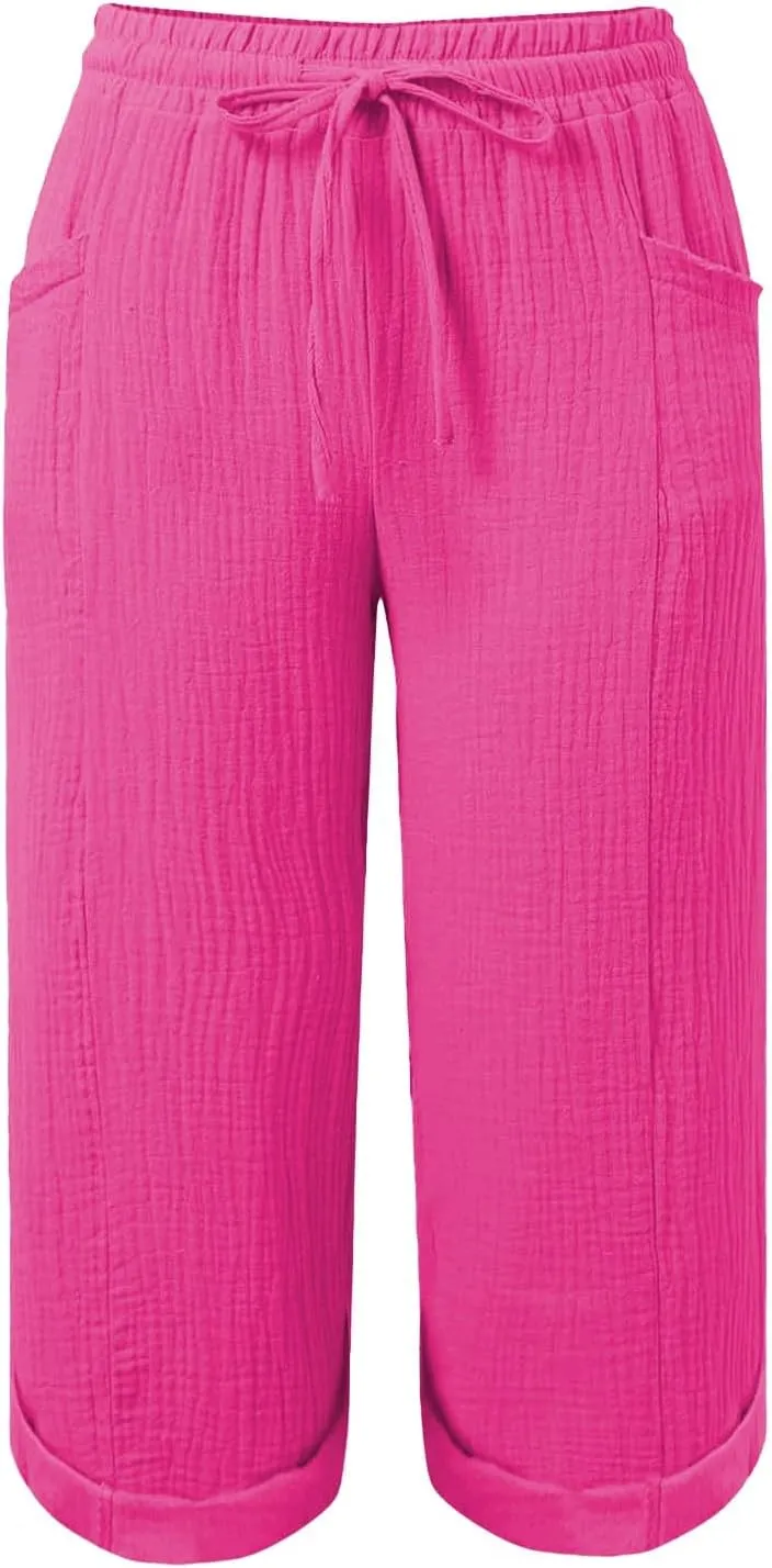 Womens Summer Capris Cotton Linen Sweat Pants Casual Loose Comfy Trendy Elastic Waist Cropped Trouser Beach Clothes