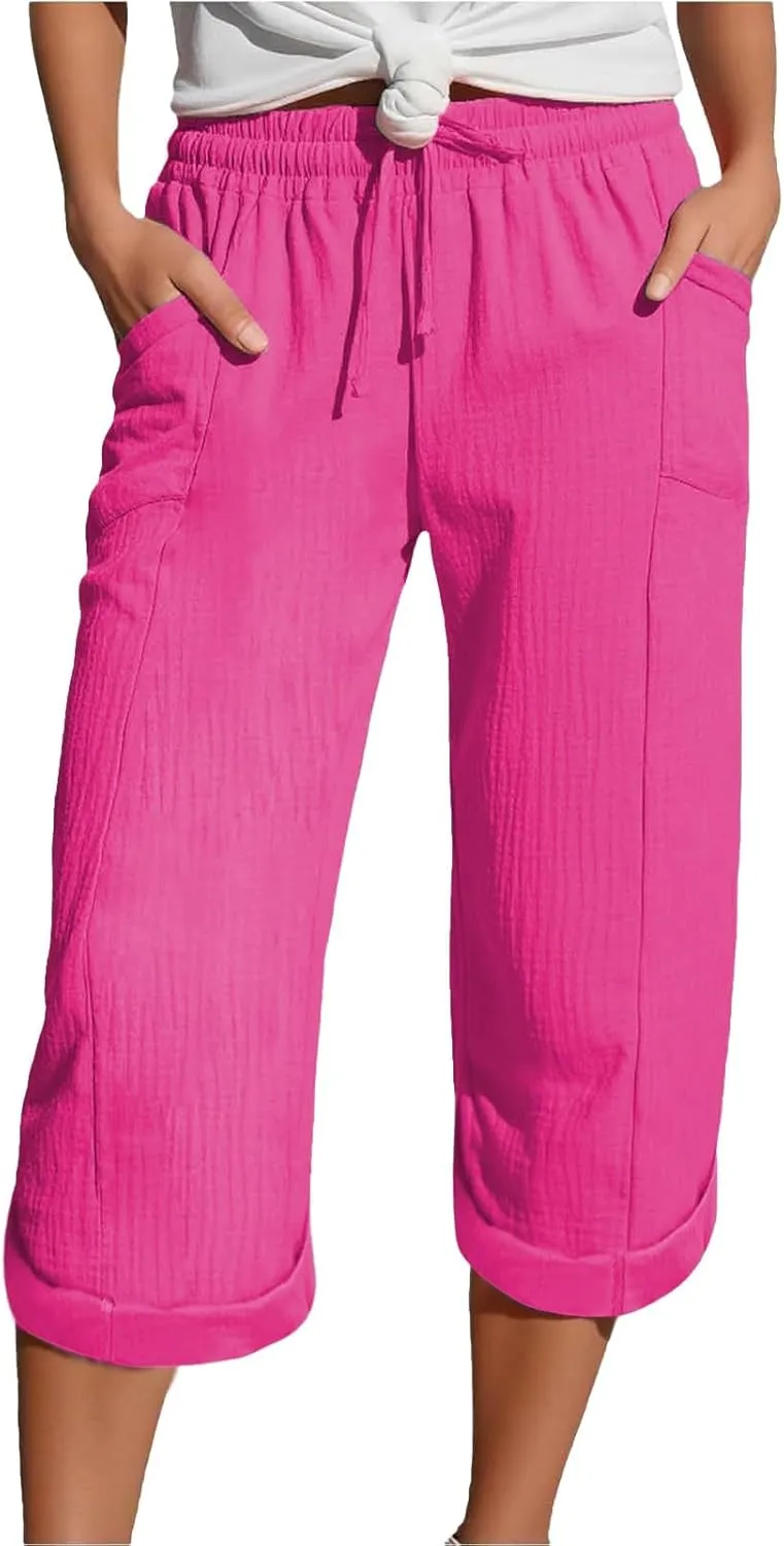 Womens Summer Capris Cotton Linen Sweat Pants Casual Loose Comfy Trendy Elastic Waist Cropped Trouser Beach Clothes