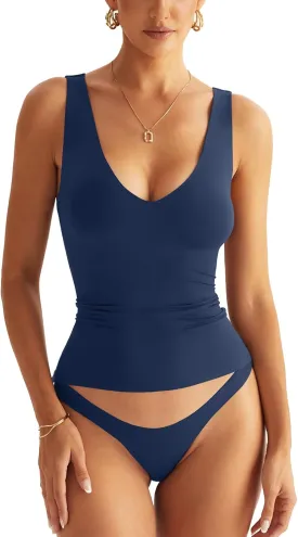 Womens V Neck Tank Tops Sleeveless Double Lined Basic Tops Slim Fit Summer Shirts 2025