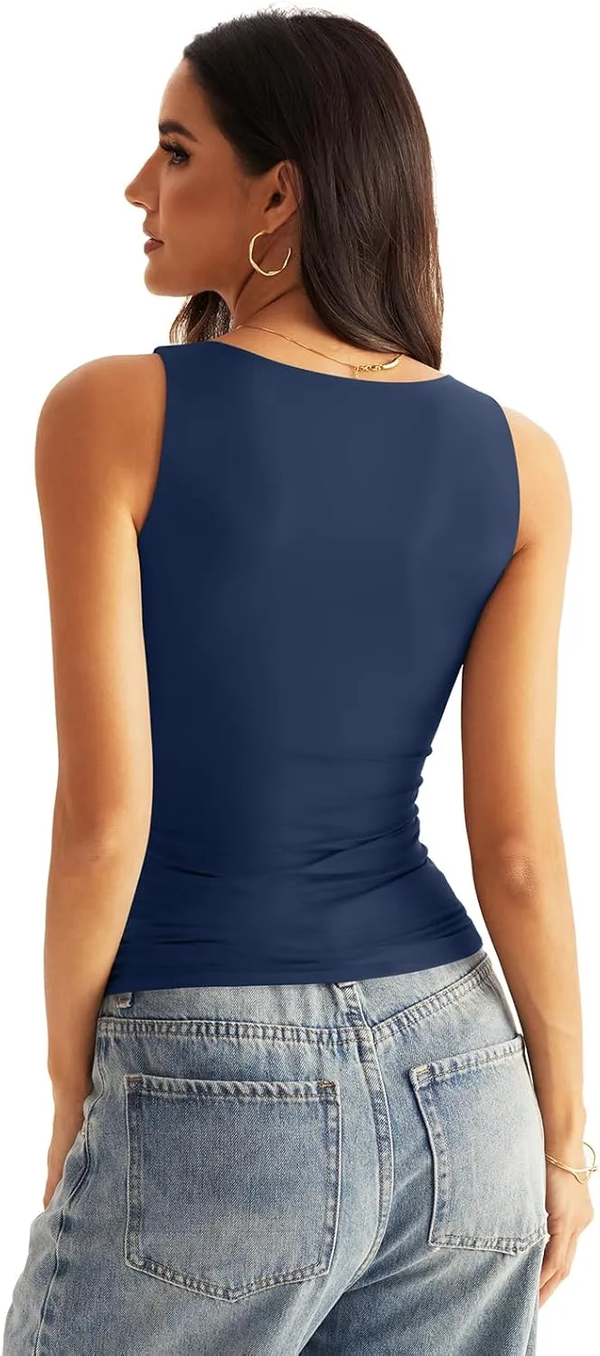 Womens V Neck Tank Tops Sleeveless Double Lined Basic Tops Slim Fit Summer Shirts 2025