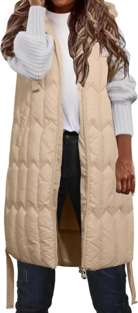 Women's Winter Hooded Puffer Vest Long Sleeveless Down Coats Trendy Fashion Warm Outdoor Quilted Vests with Pockets