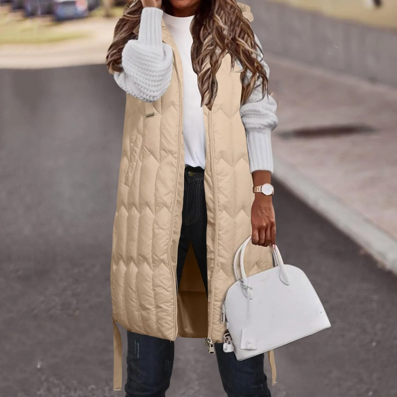 Women's Winter Hooded Puffer Vest Long Sleeveless Down Coats Trendy Fashion Warm Outdoor Quilted Vests with Pockets